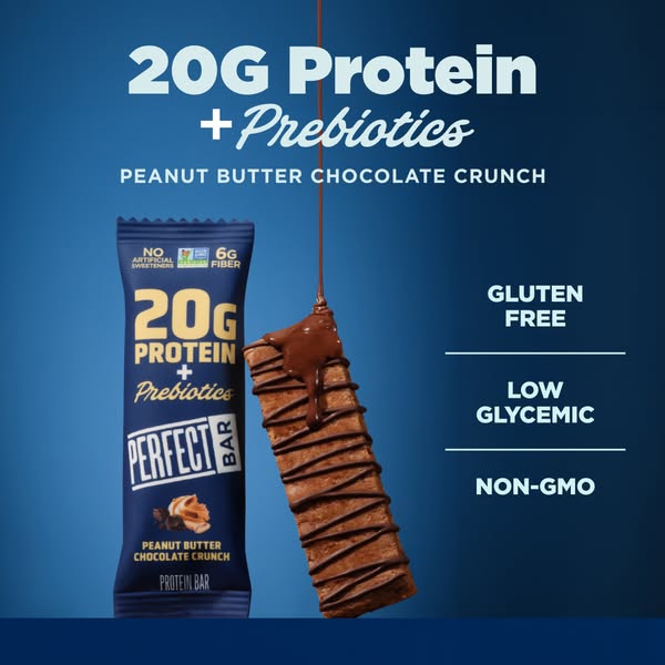 This image ad is for Perfect Bar's Peanut Butter Chocolate Crunch protein bar. It highlights the protein and prebiot