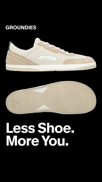 The Groundies ad showcases the brand's sustainable shoe design by displaying the full shoe and its sole. With the te