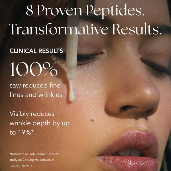 This image ad promotes a peptide serum for wrinkles, highlighting clinical trial results that suggest it reduces fine li