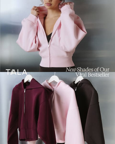 This ad showcases the TALA cropped zip-up hoodie. The ad highlights multiple colors of the hoodie and identifies it as a