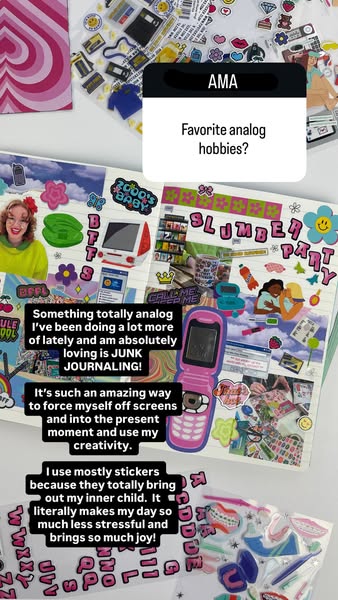 This image ad showcases 'junk journaling' as a fun and creative analog hobby. It uses a scrapbook page filled wi