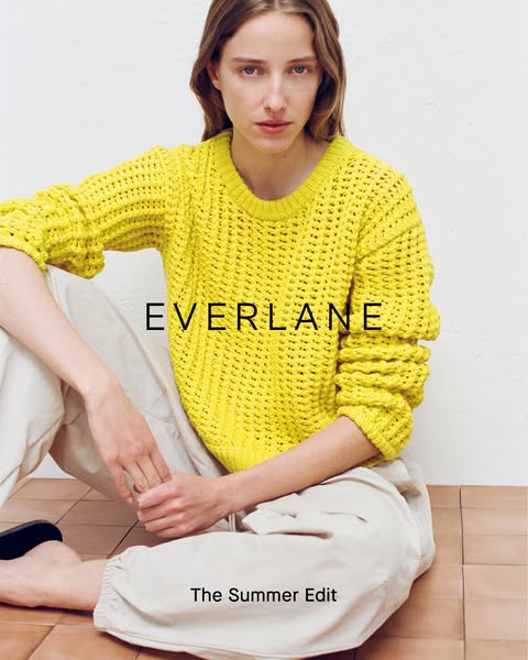 This ad showcases Everlane's summer edit clothing line. It features a woman wearing a yellow sweater and white pants