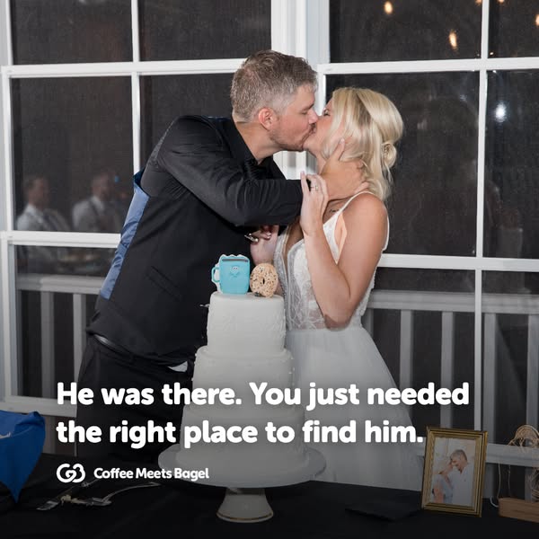 This image ad for Coffee Meets Bagel features a photo of a bride and groom kissing behind their wedding cake. The text p