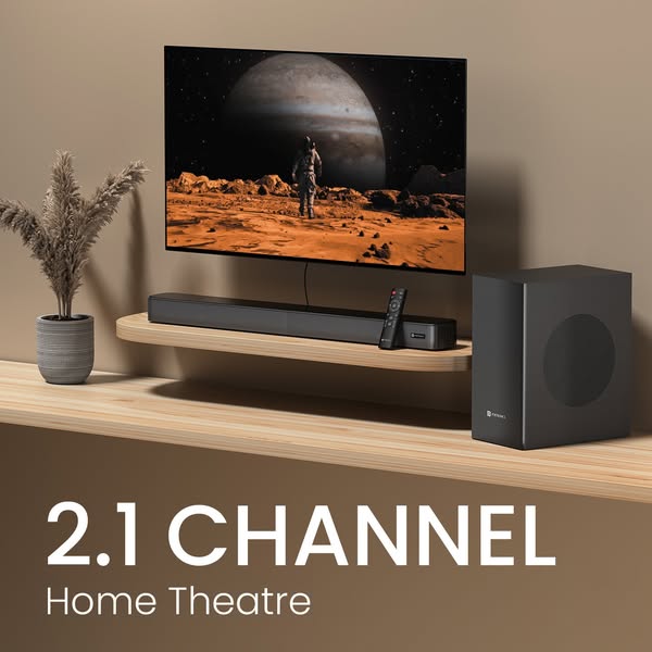 This image ad showcases a 2.1 channel home theater system, featuring a soundbar and subwoofer. The ad emphasizes the imm