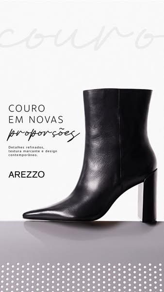 This image ad showcases a black leather boot. The ad highlights the refined details, texture, and contemporary design of