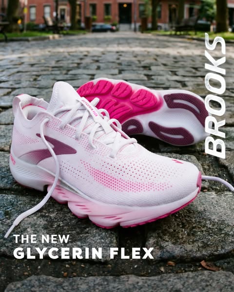 Image ad promoting the new Glycerin Flex running shoe from Brooks. The image focuses on a closeup of the shoe placed on 