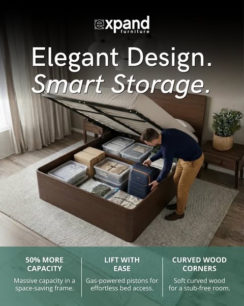 This ad showcases an Expand Furniture bedframe with built-in storage. The ad highlights the bed's elegant design, sm