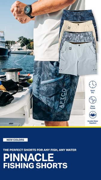 This image ad is for AFTCO Pinnacle Fishing Shorts. The ad features a man on a boat, fishing, wearing the shorts. There 