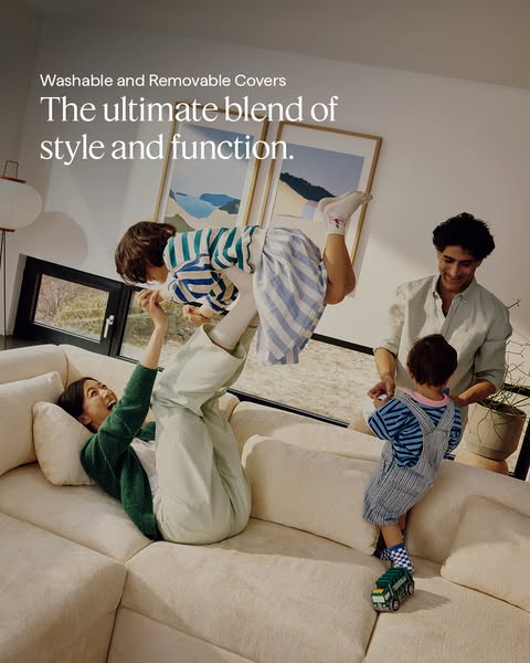 This ad promotes furniture with washable and removable covers. The scene depicts a family interacting on a sofa, with th