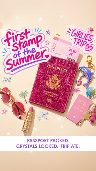 This image ad shows a flatlay featuring a passport cover, airplane ticket, hotel key, sunglasses, and lipstick. The text