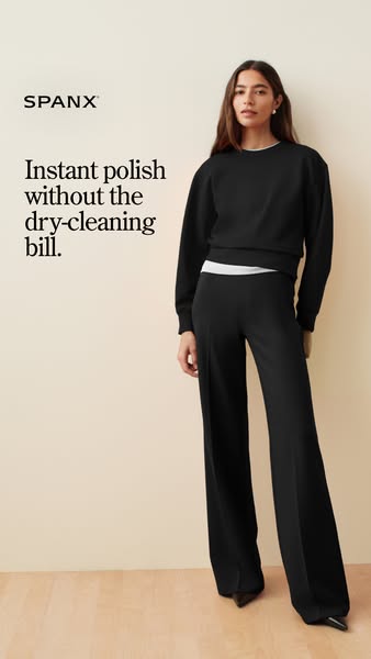 This ad by Spanx features a woman wearing a black sweater and black dress pants. The ad is meant to highlight that custo