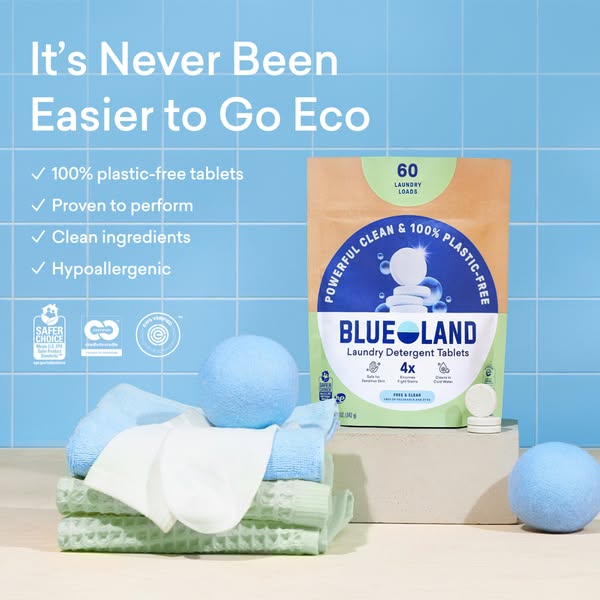 This ad promotes Blueland laundry detergent tablets, which are positioned as a powerful clean and 100% plastic-free opti
