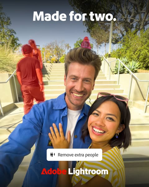 This ad for Adobe Lightroom highlights the feature of removing extra people from your photos, making it easy to ensure y