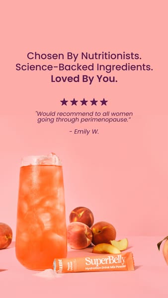 Image ad for SuperBelly Hydration Drink Mix Powder that uses social proof and is aimed towards women going through perim