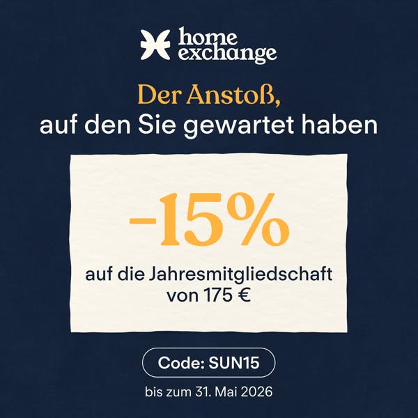 The ad promotes Home Exchange and advertises a 15% discount on annual membership.