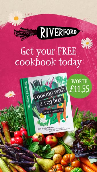 This image ad promotes Riverford's free cookbook, highlighting its value and connection to seasonal vegetables.