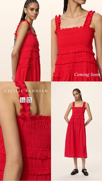 This ad is showcasing a bright red dress, part of a collaboration between Cecile Bahnsen and Uniqlo. The images are clea