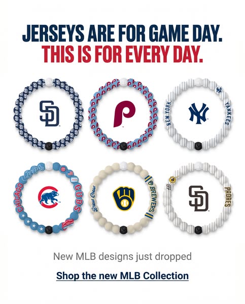 The ad promotes Lokai bracelets featuring MLB designs, emphasizing their everyday usability compared to jerseys worn on 