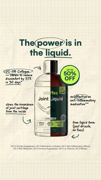 This ad highlights the benefits of using Wuffes Joint Liquid to reduce joint pain. It emphasizes its effectiveness, natu