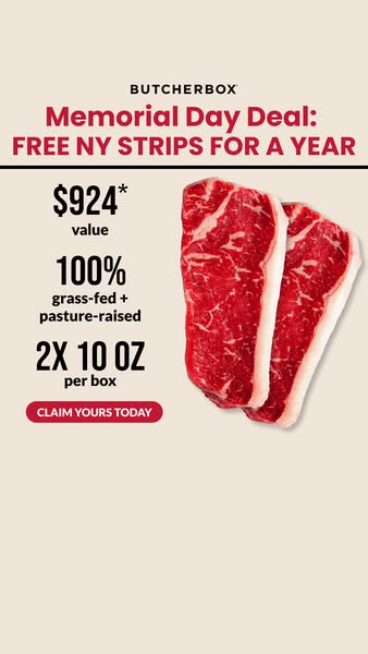 This ButcherBox image ad promotes a Memorial Day deal for free NY Strips for a year. The ad lists the value of the produ