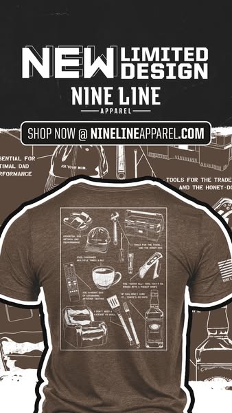 Image ad for Nine Line Apparel shows a t-shirt with a drawn graphic of a collection of items that stereotypically repres