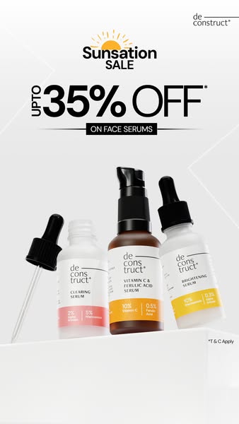 This ad showcases three face serums from the brand deconstruct with a 'Sunsation Sale' offering up to 35% off. T