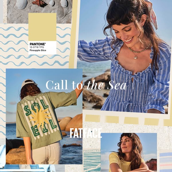This FatFace image ad presents a collection of lifestyle images with a summery, beachy theme, showcasing their clothing 