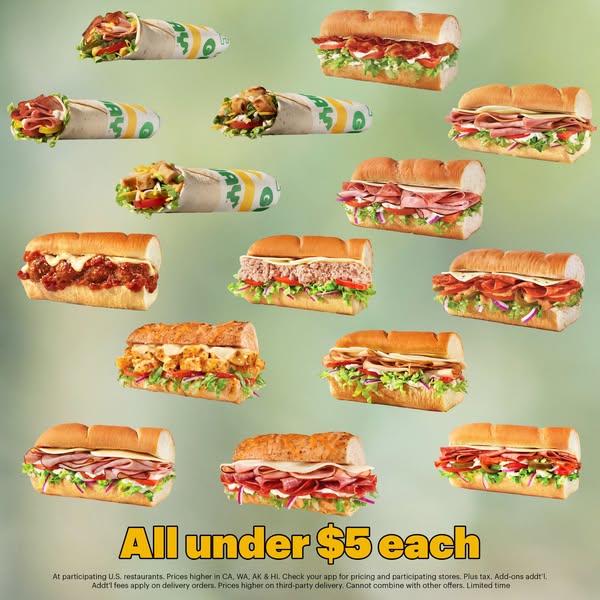 This ad features an array of Subway sandwiches and wraps floating against a gradient background. The ad promotes an offe