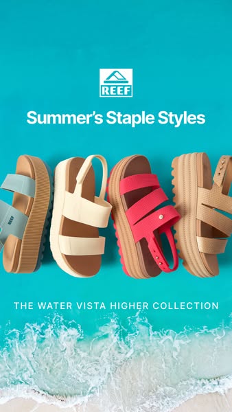 This image ad showcases the REEF Water Vista Higher collection of sandals. It features four different styles of the sand