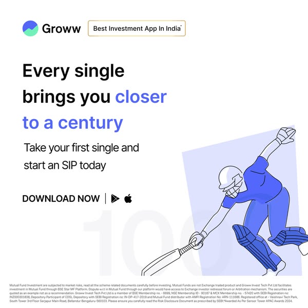 The ad highlights the Groww app as the best investment app to start a Systematic Investment Plan (SIP). It uses a cricke