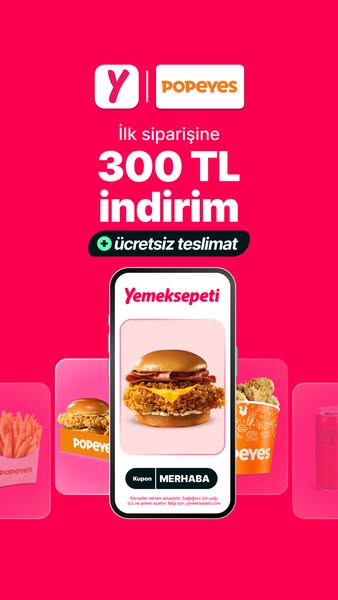 This ad showcases Popeyes products available for order using Yemeksepeti. It offers a discount on the customer's fir