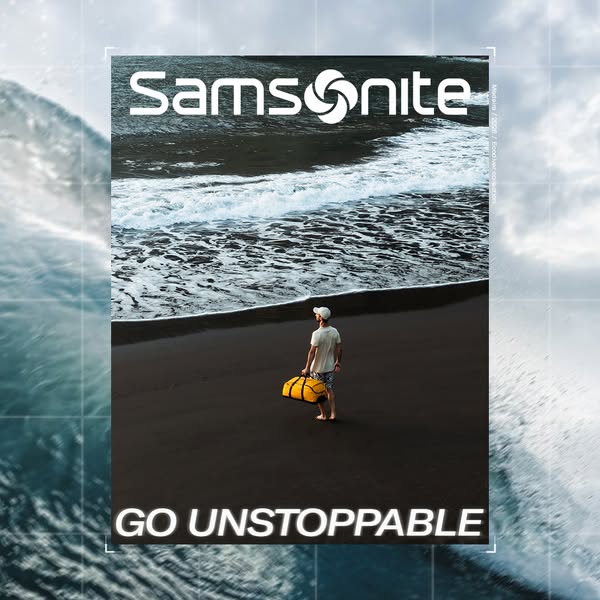 An ad showing a lone traveler on a black sand beach with a Samsonite bag with the headline, Go Unstoppable.