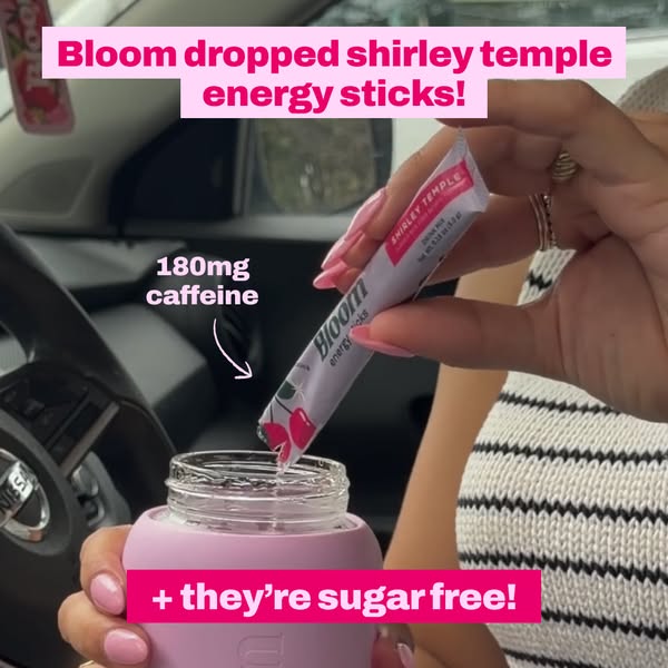 This ad introduces Bloom energy sticks in the Shirley Temple flavor, highlighting that they're sugar-free and contai