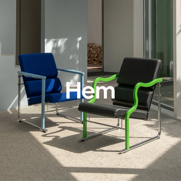 This image showcases two accent chairs, in black and blue, from Hem. The Hem logo is also featured.