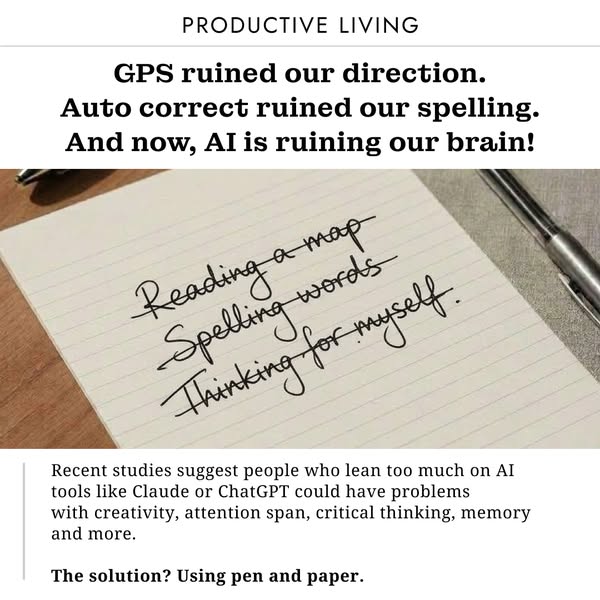 The ad copy highlights the way GPS, auto-correct, and AI are negatively affecting us. It then presents the solution of u
