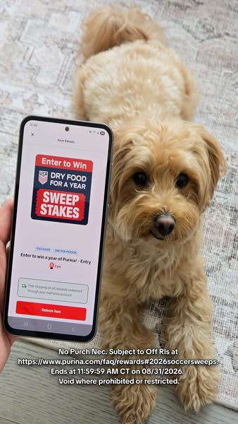 An ad for Purina dog food featuring a sweepstakes where one lucky winner will receive a year's supply of Purina dry 