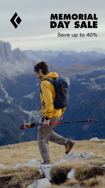 This image ad for Black Diamond advertises a Memorial Day Sale. It features an image of a man hiking in the mountains, w