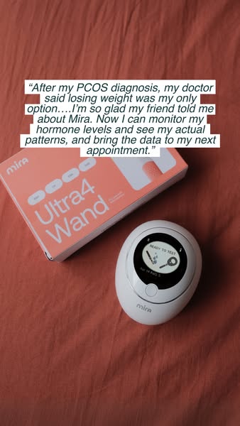 The ad features a customer testimonial about using the Mira fertility tracker after being diagnosed with PCOS. The produ