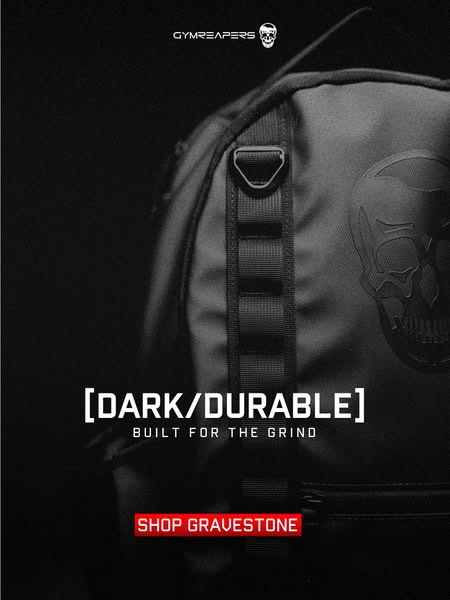This ad showcases a GYMREAPERS bag with the tagline "DARK/DURABLE." It emphasizes the bag's toughness and 