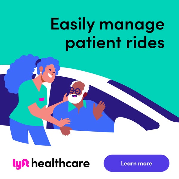 This image ad shows a woman in medical scrubs placing her hand on a senior man's shoulder, while he is seated in a c