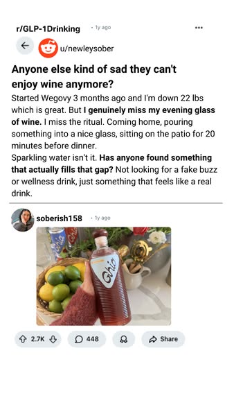 This ad features a screenshot from a Reddit post in the r/GLP-1Drinking subreddit. In the post, the user u/newleysober e