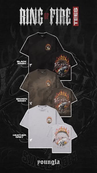 This image ad promotes Young LA's Ring of Fire tees in a variety of colors. The main headline is the product line na