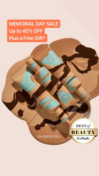 Image ad for Westman Atelier makeup promoting a Memorial Day Sale with up to 40% off and a free gift with purchase on or