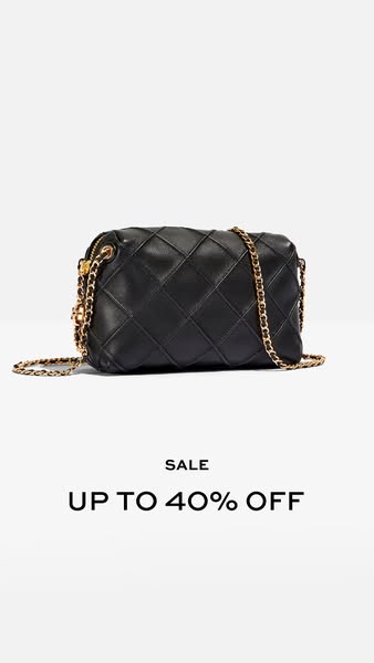 This ad showcases a black quilted handbag with a gold chain strap against a solid white background. The ad emphasizes a 