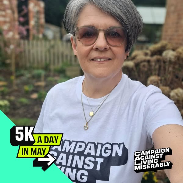 This ad features a woman wearing a t-shirt to promote the Campaign Against Living Miserably's 5K a Day in May event.