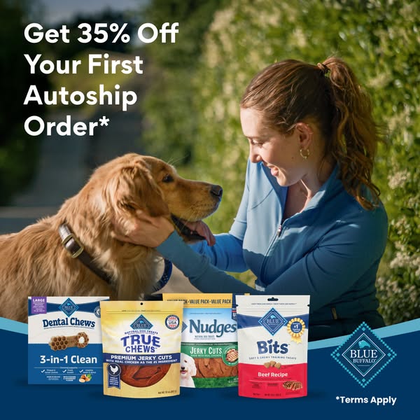 This image ad for Blue Buffalo dog food promotes a 35% discount on the first autoship order. It features a woman petting