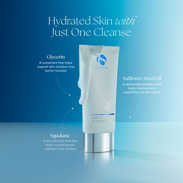 This image ad showcases the iS Clinical Cream Cleanser and its key ingredients: Glycerin, Squalane, and Safflower Seed O