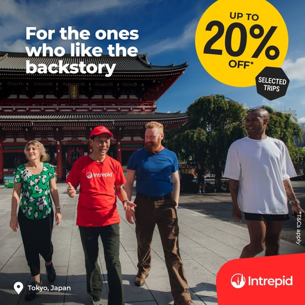 This image ad is promoting Intrepid Travel and offering up to 20% off on selected trips for those who enjoy learning the