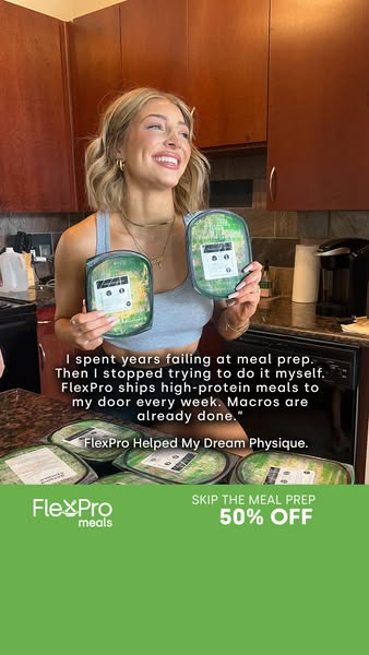 An image ad for FlexPro meals featuring a woman holding two meals, with customer testimonial, a description of the produ
