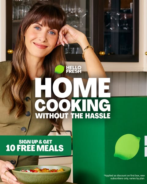 This ad features a smiling woman in a kitchen setting and advertises Hello Fresh meal kits. The ad highlights the conven